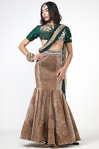 Crush Golden Dupion Embroidered Fish-Cut Skirt Set by Rishi & Vibhuti