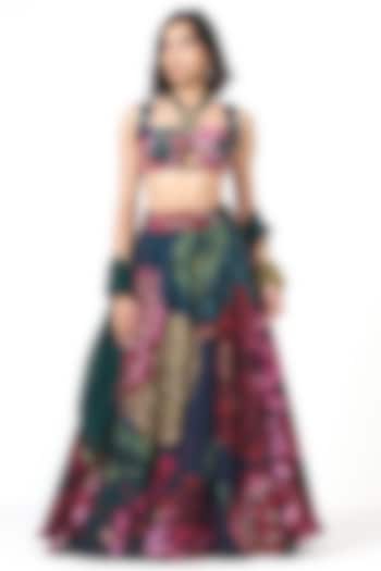 Bottle Green Crepe Floral Printed Wedding Lehenga Set by Rishi & Vibhuti at Pernia's Pop Up Shop