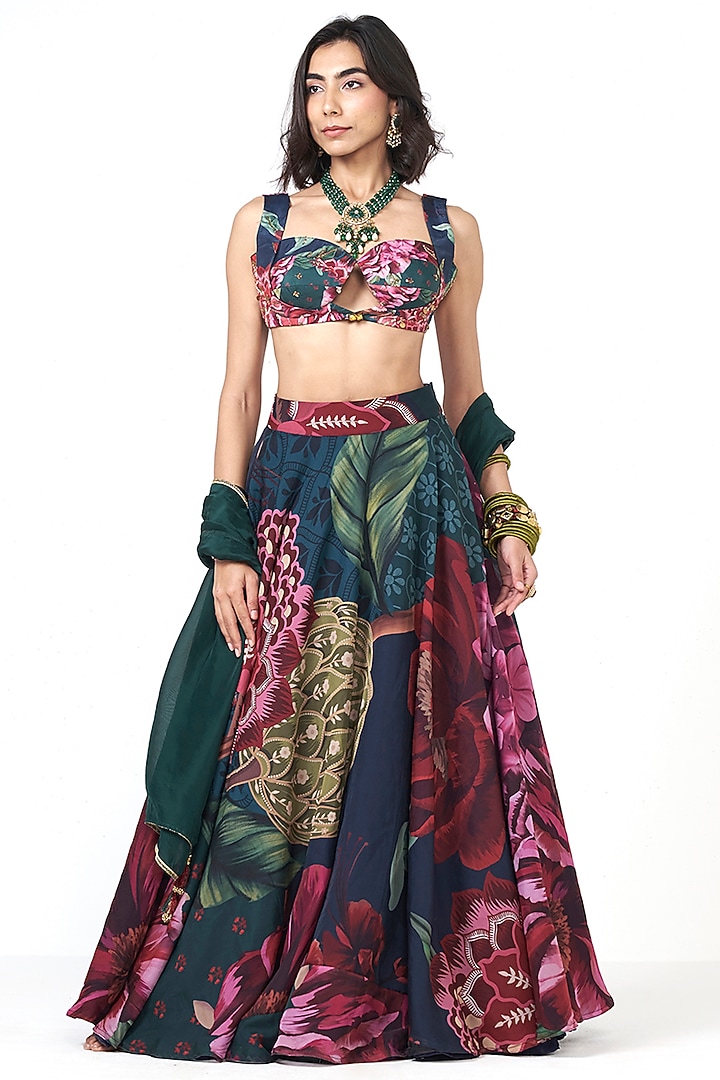 Bottle Green Crepe Floral Printed Wedding Lehenga Set by Rishi & Vibhuti at Pernia's Pop Up Shop