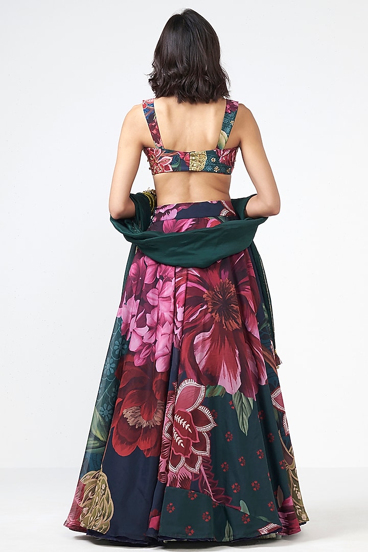 Bottle Green Crepe Floral Printed Wedding Lehenga Set by Rishi & Vibhuti at Pernia's Pop Up Shop