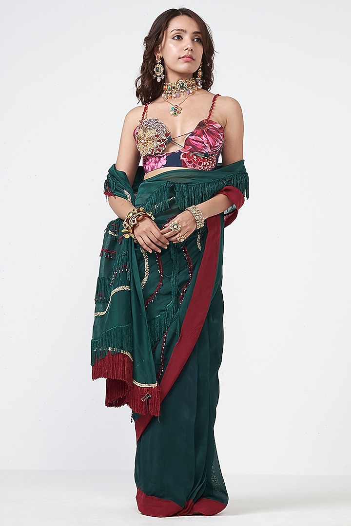 Bottle Green Organza Sequins Embroidered Wedding Saree by Rishi & Vibhuti at Pernia's Pop Up Shop