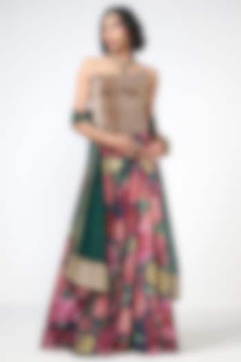 Bottle Green Crepe & Organza Floral Printed Skirt Set by Rishi & Vibhuti at Pernia's Pop Up Shop