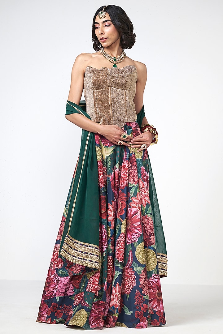 Bottle Green Crepe & Organza Floral Printed Skirt Set by Rishi & Vibhuti at Pernia's Pop Up Shop