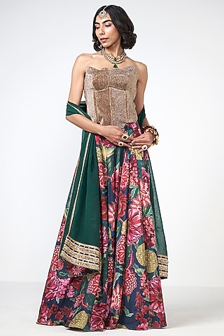 Bottle Green Crepe & Organza Floral Printed Skirt Set by Rishi & Vibhuti