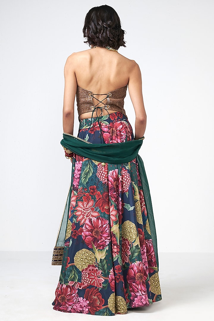 Bottle Green Crepe & Organza Floral Printed Skirt Set by Rishi & Vibhuti at Pernia's Pop Up Shop