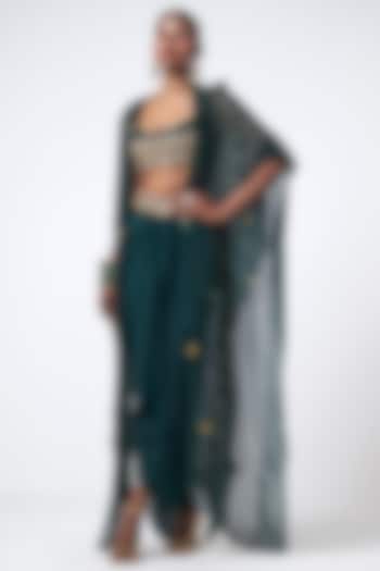 Bottle Green Organza Sequins Embroidered Cape Set by Rishi & Vibhuti at Pernia's Pop Up Shop