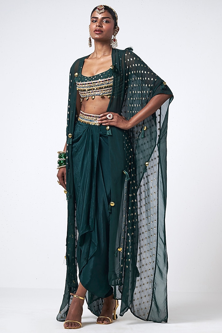 Bottle Green Organza Sequins Embroidered Cape Set by Rishi & Vibhuti at Pernia's Pop Up Shop