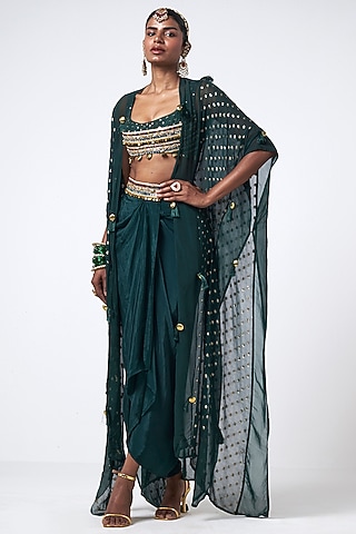 Bottle Green Organza Sequins Embroidered Cape Set by Rishi & Vibhuti