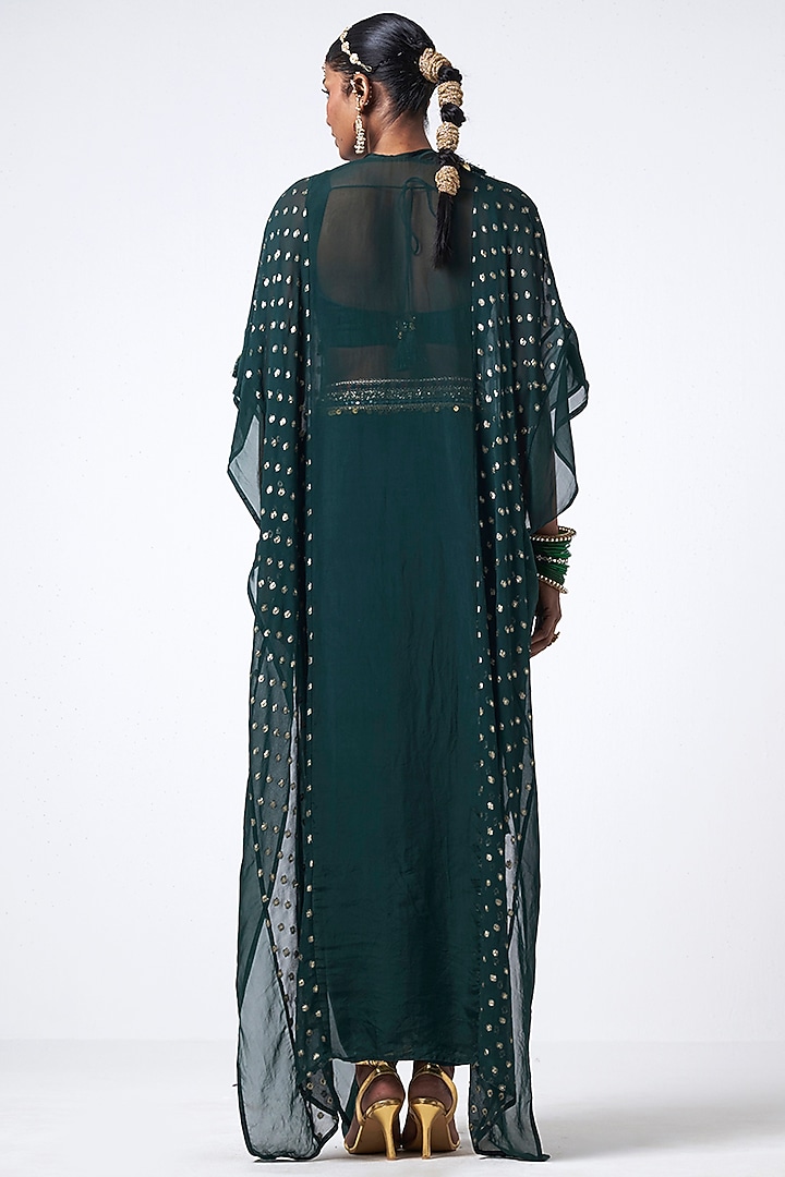 Bottle Green Organza Sequins Embroidered Cape Set by Rishi & Vibhuti at Pernia's Pop Up Shop