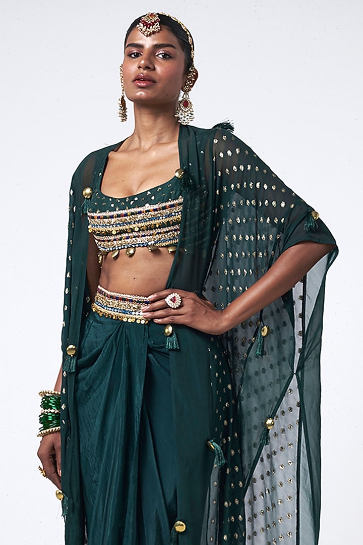 Bottle Green Organza Sequins Embroidered Cape Set by Rishi & Vibhuti at Pernia's Pop Up Shop