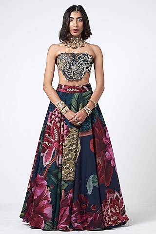 Bottle Green Crepe Floral Printed Skirt Set by Rishi & Vibhuti