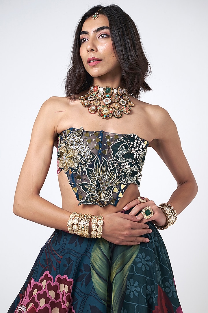 Bottle Green Crepe Floral Printed Skirt Set by Rishi & Vibhuti at Pernia's Pop Up Shop
