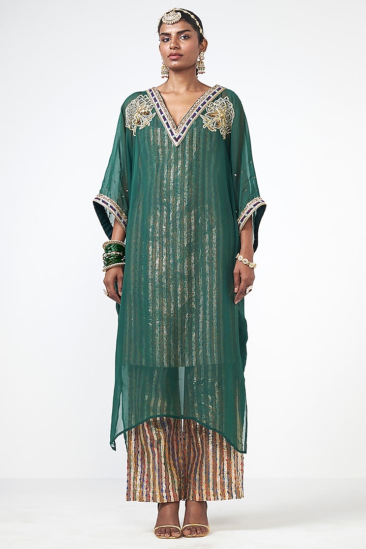 Bottle Green Imported Fabric Sequins Embroidered Jacket Set by Rishi & Vibhuti at Pernia's Pop Up Shop
