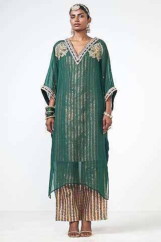 Bottle Green Imported Fabric Sequins Embroidered Jacket Set by Rishi & Vibhuti