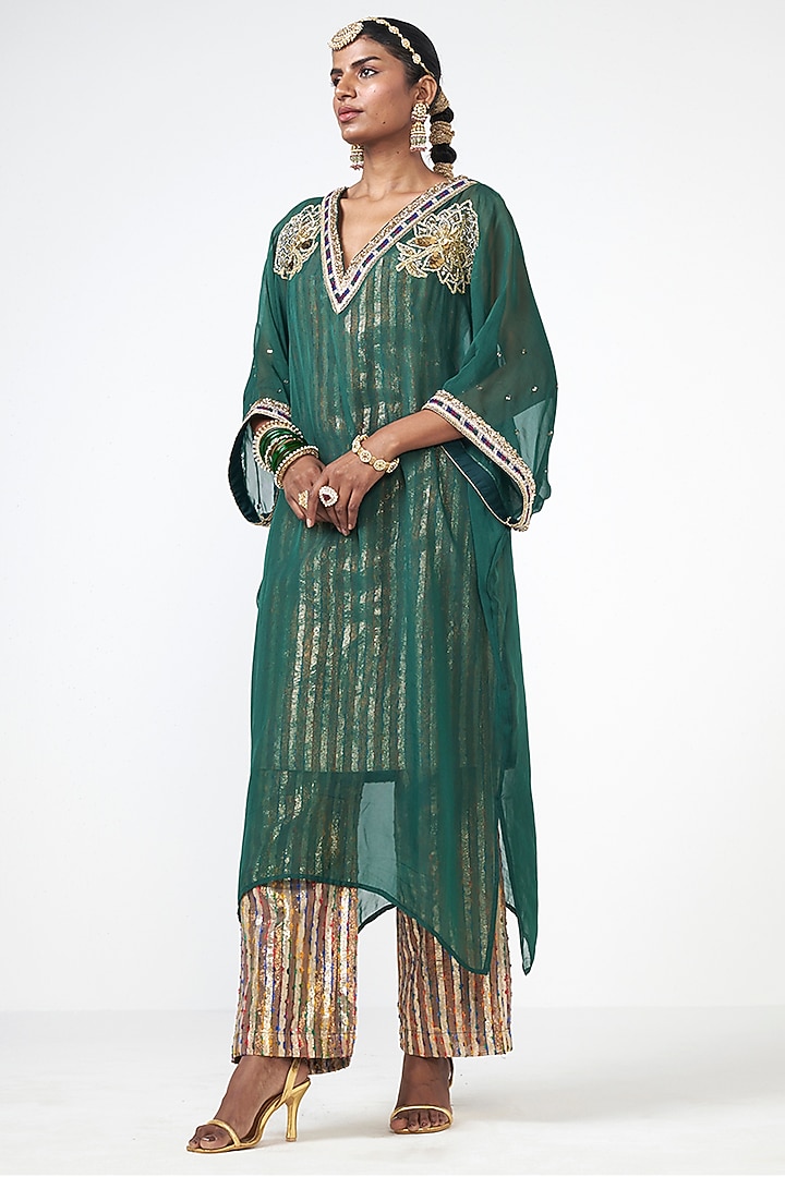 Bottle Green Imported Fabric Sequins Embroidered Jacket Set by Rishi & Vibhuti at Pernia's Pop Up Shop