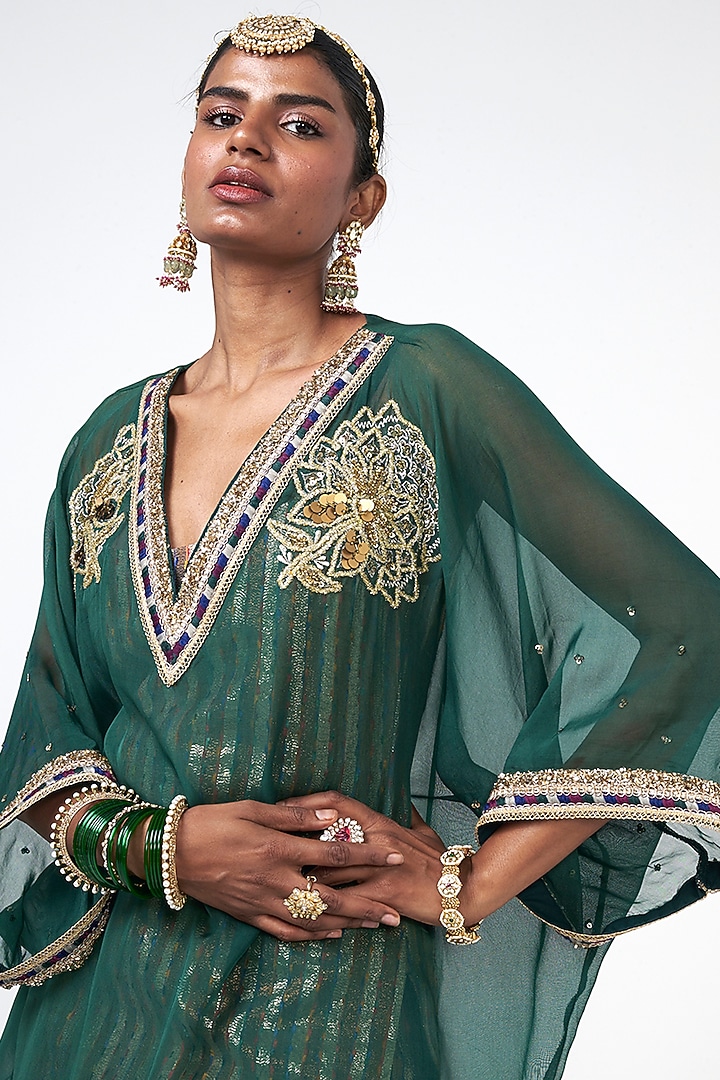 Bottle Green Imported Fabric Sequins Embroidered Jacket Set by Rishi & Vibhuti at Pernia's Pop Up Shop