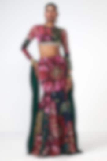 Bottle Green Organza Floral Printed Skirt Set by Rishi & Vibhuti at Pernia's Pop Up Shop