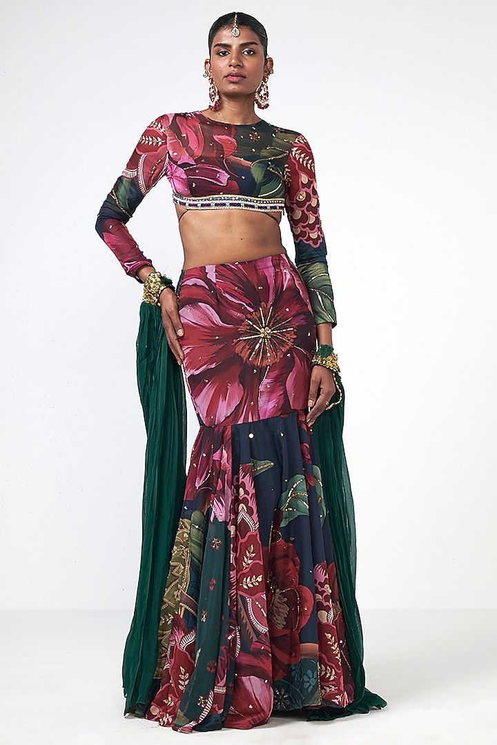 Bottle Green Organza Floral Printed Skirt Set by Rishi & Vibhuti at Pernia's Pop Up Shop