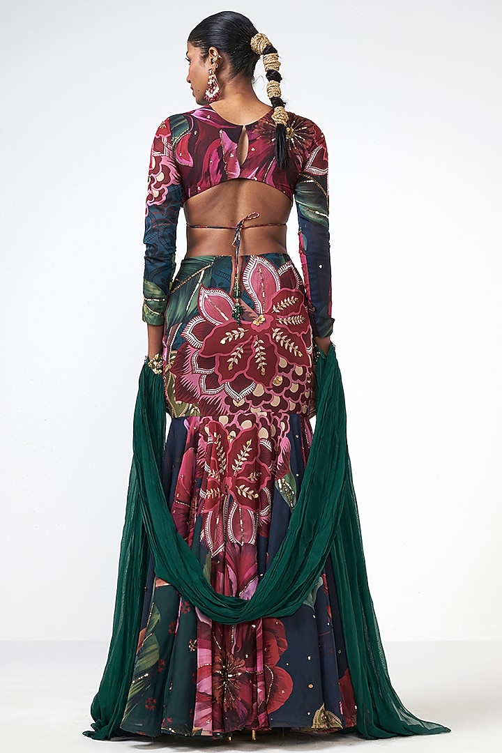 Bottle Green Organza Floral Printed Skirt Set by Rishi & Vibhuti at Pernia's Pop Up Shop