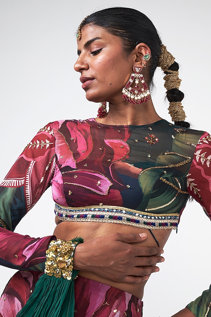 Bottle Green Organza Floral Printed Skirt Set by Rishi & Vibhuti at Pernia's Pop Up Shop
