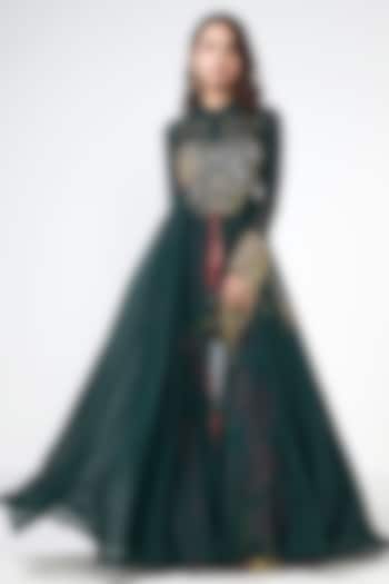 Bottle Green Crepe Sequins Embroidered Jacket Set by Rishi & Vibhuti at Pernia's Pop Up Shop