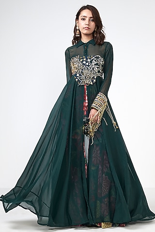 Bottle Green Crepe Sequins Embroidered Jacket Set by Rishi & Vibhuti