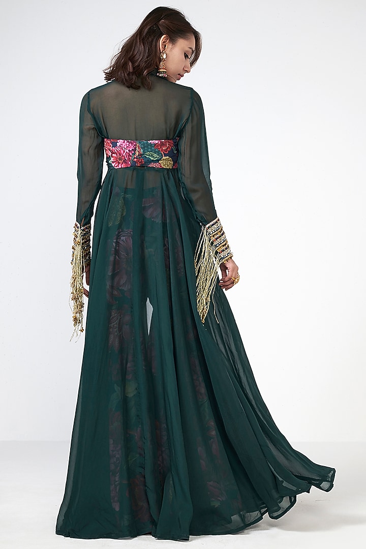 Bottle Green Crepe Sequins Embroidered Jacket Set by Rishi & Vibhuti at Pernia's Pop Up Shop