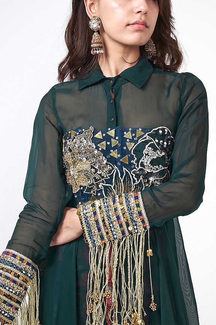 Bottle Green Crepe Sequins Embroidered Jacket Set by Rishi & Vibhuti at Pernia's Pop Up Shop