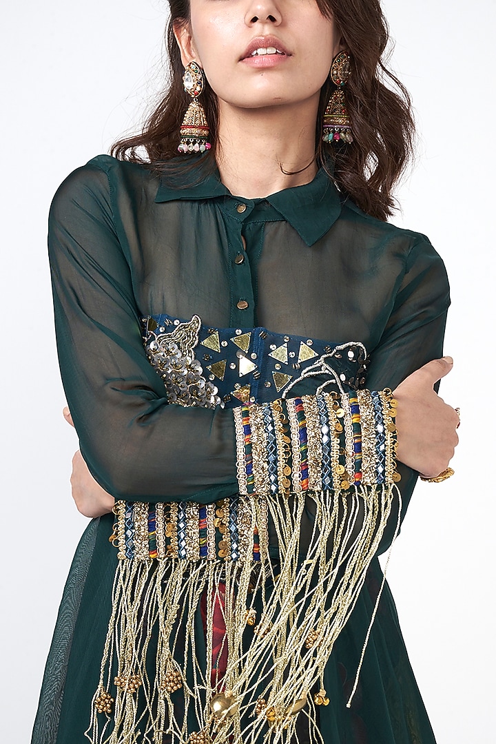 Bottle Green Crepe Sequins Embroidered Jacket Set by Rishi & Vibhuti at Pernia's Pop Up Shop
