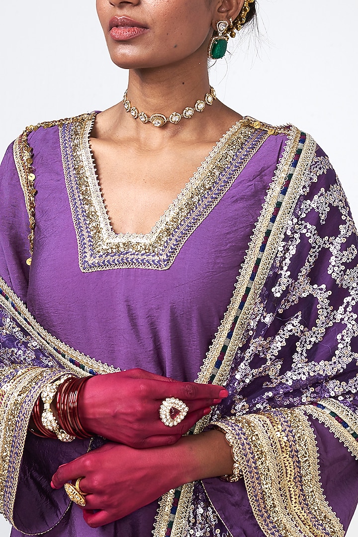 Violet Chanderi Sequins Embroidered Kurta Set by Rishi & Vibhuti at Pernia's Pop Up Shop