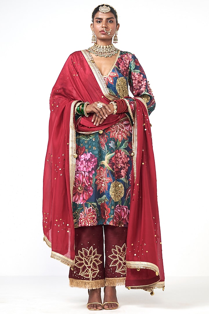 Bottle Green Organza Floral Printed Kurta Set by Rishi & Vibhuti at Pernia's Pop Up Shop