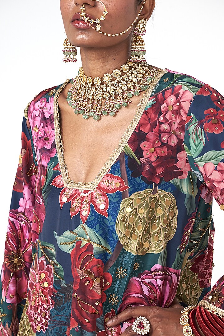 Bottle Green Organza Floral Printed Kurta Set by Rishi & Vibhuti at Pernia's Pop Up Shop