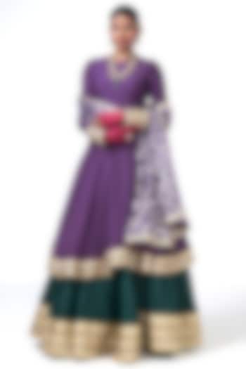 Violet Chanderi Applique Embroidered Wedding Anarkali Set by Rishi & Vibhuti at Pernia's Pop Up Shop
