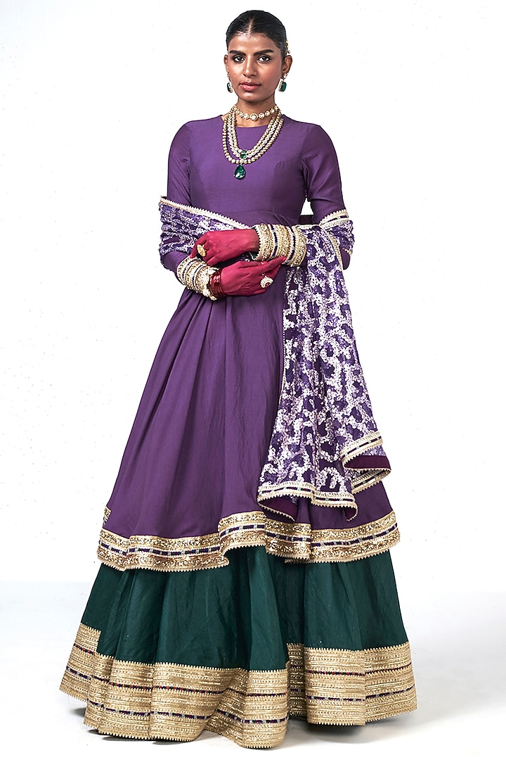 Violet Chanderi Applique Embroidered Wedding Anarkali Set by Rishi & Vibhuti at Pernia's Pop Up Shop