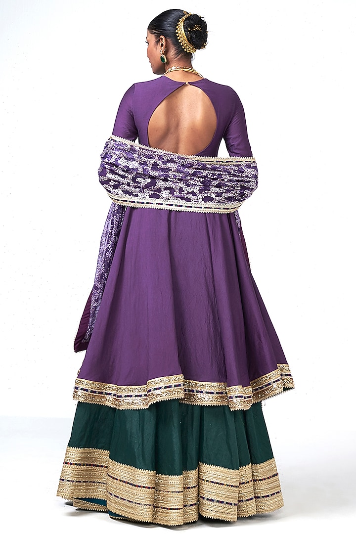 Violet Chanderi Applique Embroidered Wedding Anarkali Set by Rishi & Vibhuti at Pernia's Pop Up Shop