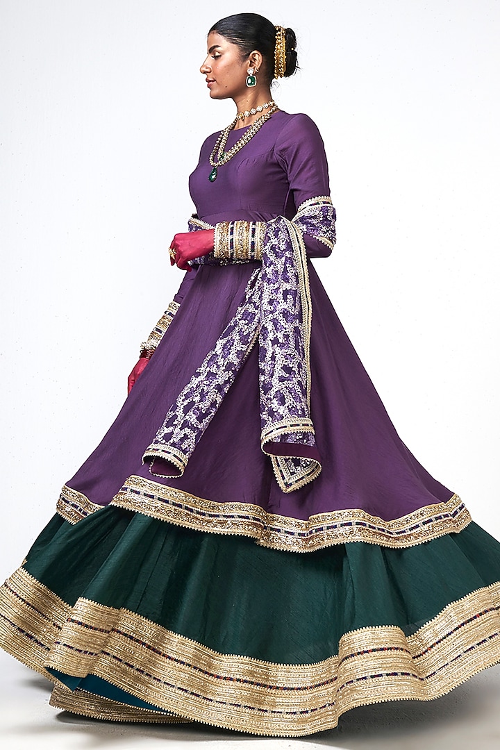 Violet Chanderi Applique Embroidered Wedding Anarkali Set by Rishi & Vibhuti at Pernia's Pop Up Shop