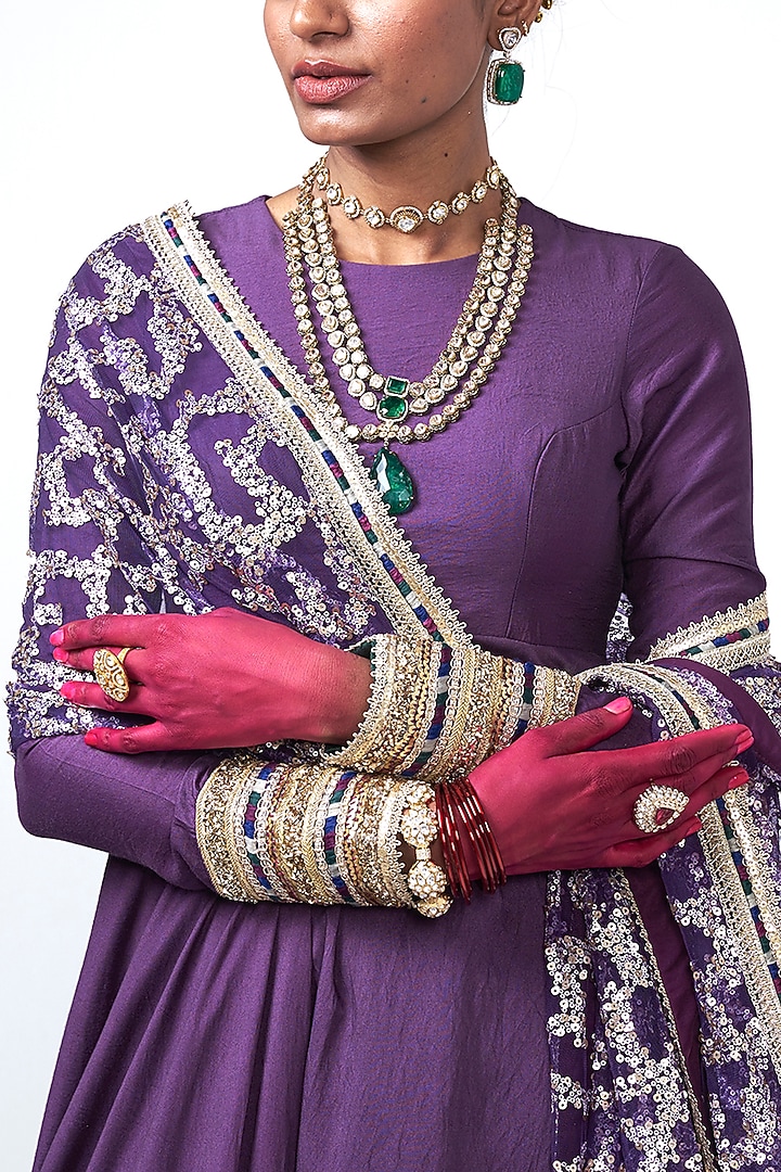 Violet Chanderi Applique Embroidered Wedding Anarkali Set by Rishi & Vibhuti at Pernia's Pop Up Shop