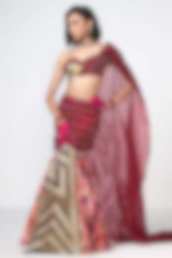 Cherry Red Crepe Sequins Embroidered Mermaid Skirt Set by Rishi & Vibhuti at Pernia's Pop Up Shop