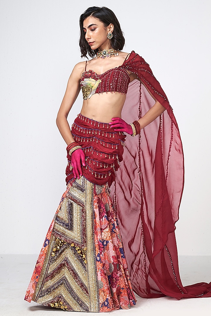 Cherry Red Crepe Sequins Embroidered Mermaid Skirt Set by Rishi & Vibhuti at Pernia's Pop Up Shop
