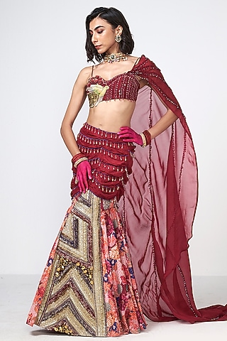 Cherry Red Crepe Sequins Embroidered Mermaid Skirt Set by Rishi & Vibhuti