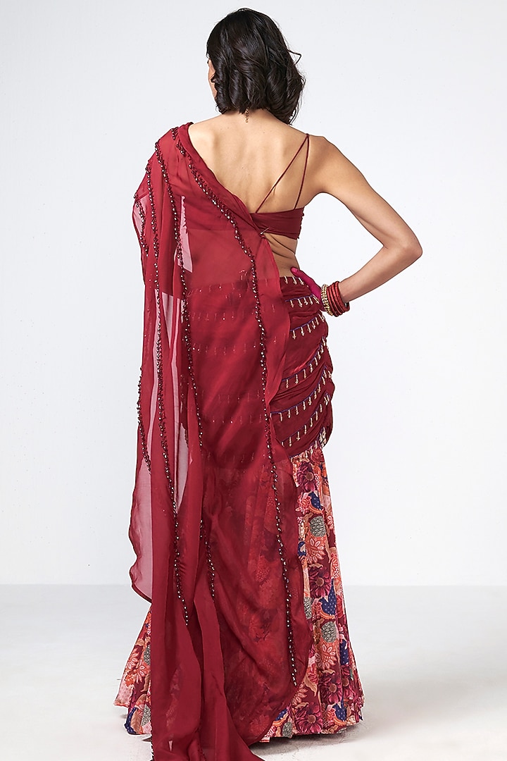 Cherry Red Crepe Sequins Embroidered Mermaid Skirt Set by Rishi & Vibhuti at Pernia's Pop Up Shop
