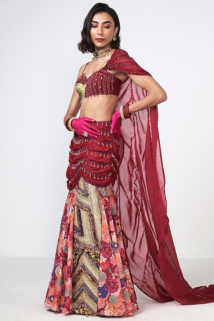 Cherry Red Crepe Sequins Embroidered Mermaid Skirt Set by Rishi & Vibhuti at Pernia's Pop Up Shop