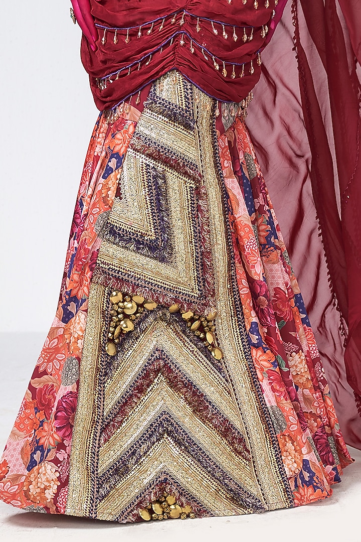 Cherry Red Crepe Sequins Embroidered Mermaid Skirt Set by Rishi & Vibhuti at Pernia's Pop Up Shop