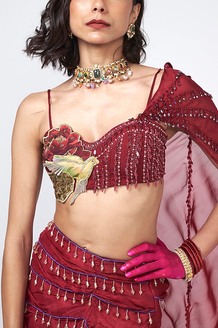 Cherry Red Crepe Sequins Embroidered Mermaid Skirt Set by Rishi & Vibhuti at Pernia's Pop Up Shop