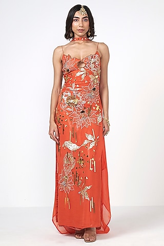 Orange Organza Sequins Hand Embroidered Kaftan by Rishi & Vibhuti