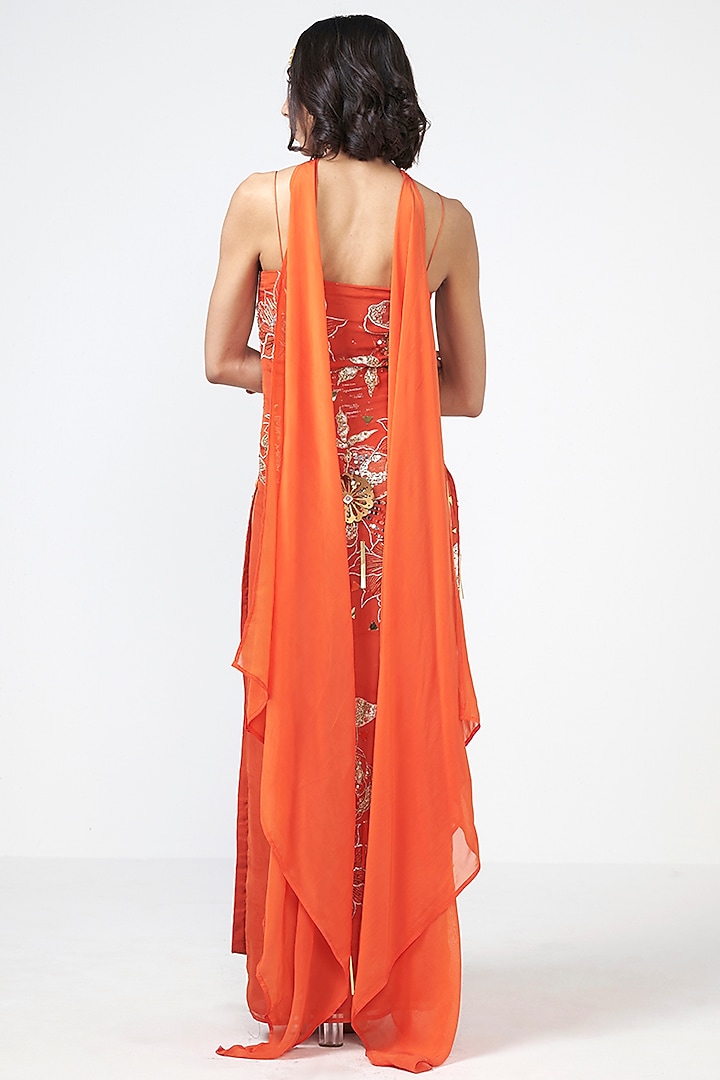 Orange Organza Sequins Hand Embroidered Kaftan by Rishi & Vibhuti at Pernia's Pop Up Shop