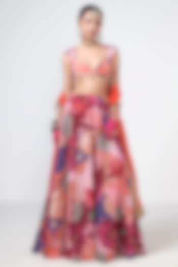 Cherry Red Crepe Floral Printed Skirt Set by Rishi & Vibhuti at Pernia's Pop Up Shop
