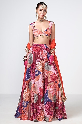 Cherry Red Crepe Floral Printed Skirt Set by Rishi & Vibhuti
