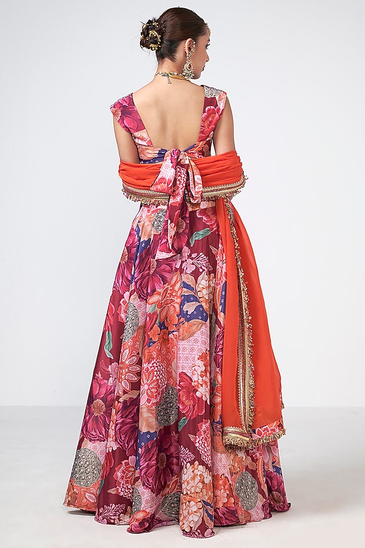 Cherry Red Crepe Floral Printed Skirt Set by Rishi & Vibhuti at Pernia's Pop Up Shop