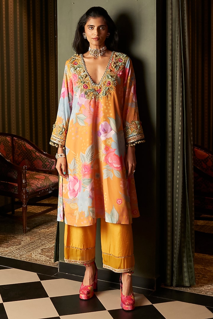 Marigold Yellow Crepe Embroidered Kurta Set by Rishi & Vibhuti at Pernia's Pop Up Shop